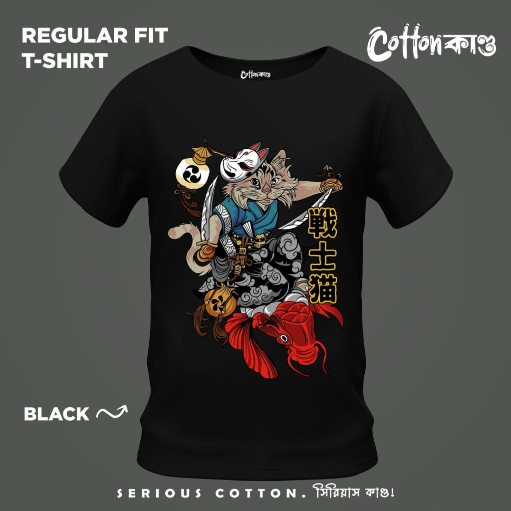 Samurai Cat Neko Warrior Japanese Art Graphic T Shirt CottonKando Premium Tee Bangladesh