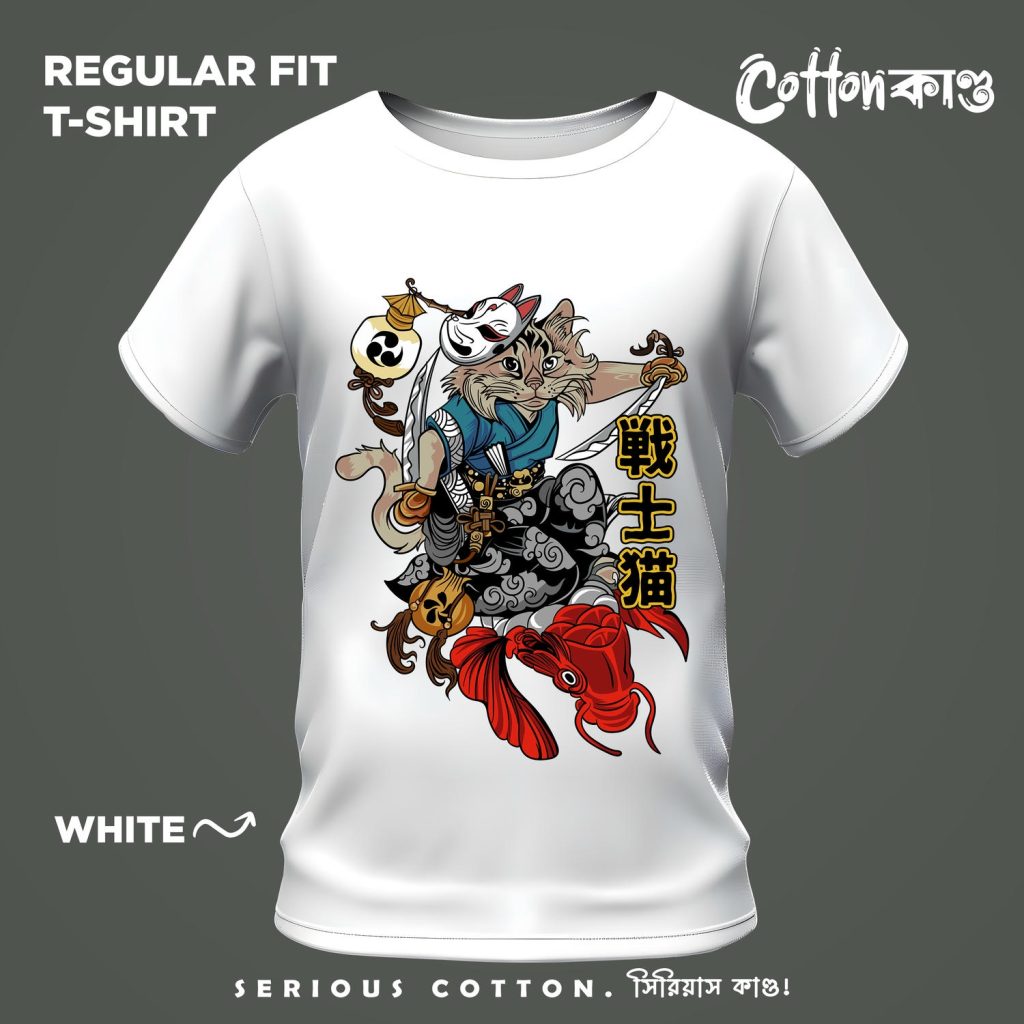 Samurai Cat Neko Warrior Japanese Art Graphic T Shirt CottonKando Premium Tee Bangladesh