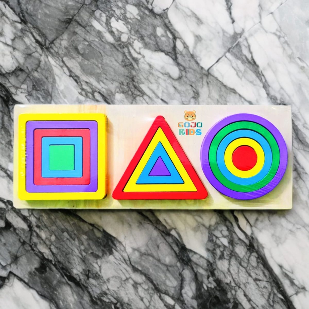 Triplet Geometric Shapes Puzzle with colorful wooden circles, triangles, and squares on a wooden board