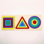 Triplet Geometric Shapes Puzzle with colorful wooden circles, triangles, and squares on a wooden board