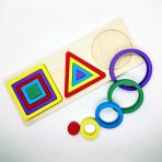 Triplet Geometric Shapes Puzzle with colorful wooden circles, triangles, and squares on a wooden board