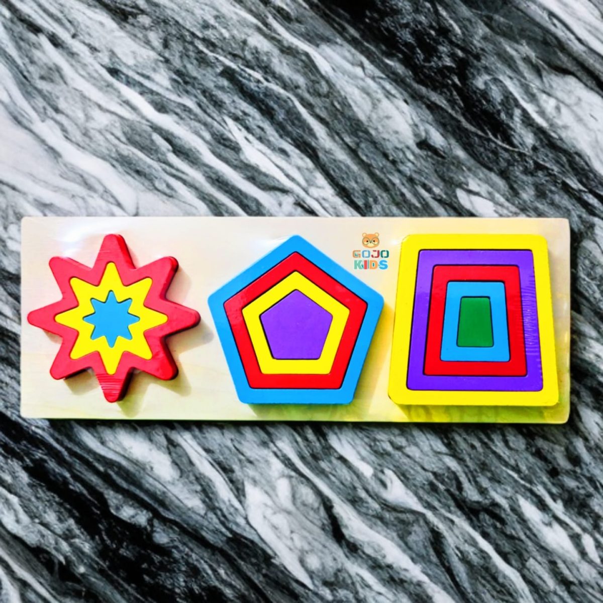 Triplet Geometric Shapes Puzzle with colorful wooden circles, triangles, and squares on a wooden board
