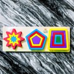 Triplet Geometric Shapes Puzzle with colorful wooden circles, triangles, and squares on a wooden board