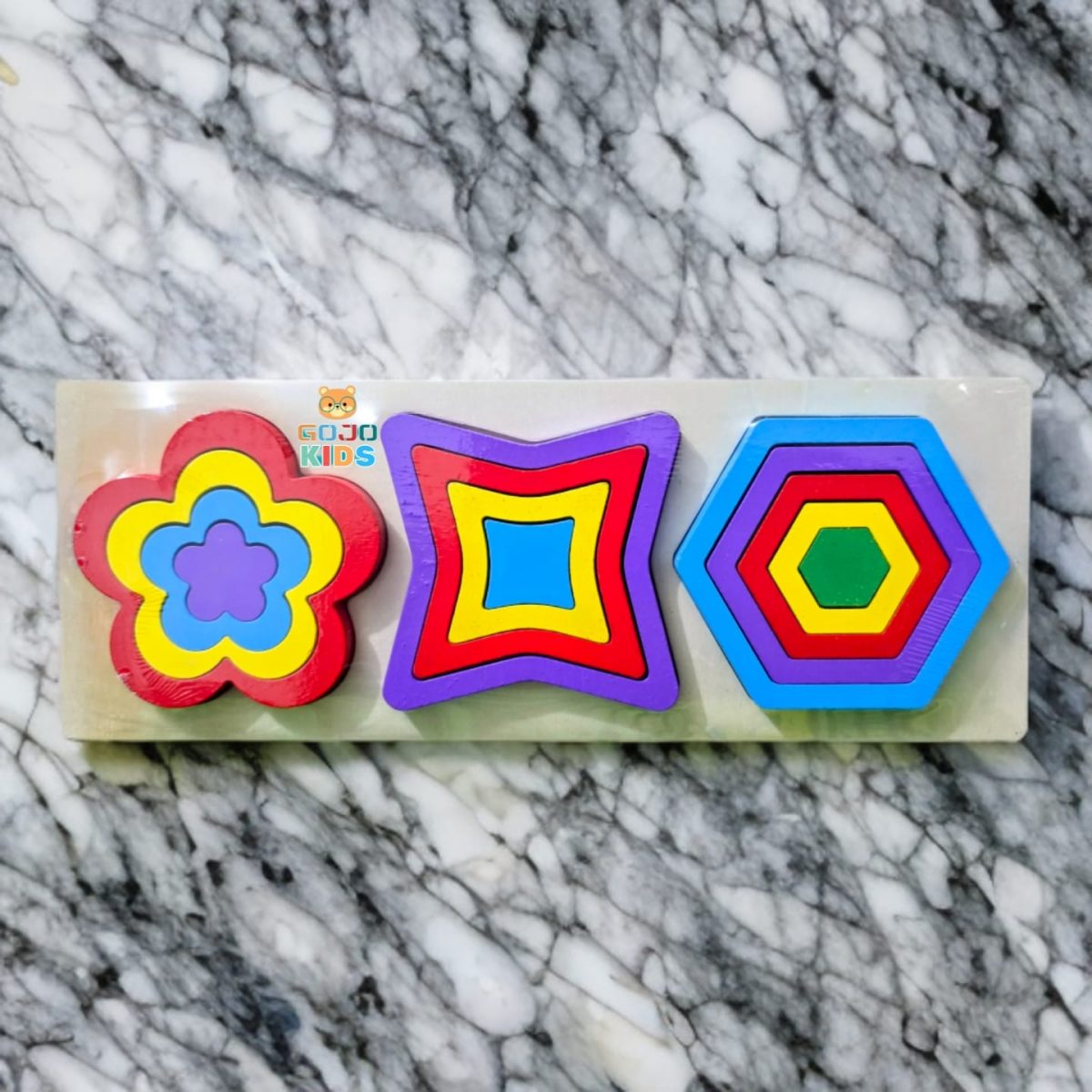 Triplet Geometric Shapes Puzzle with colorful wooden circles, triangles, and squares on a wooden board