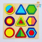 Geometric Shapes Builder Puzzle with colorful wooden blocks and a guide manual to create birds, tigers, and rockets