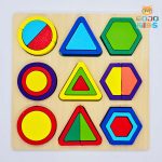Geometric Shapes Builder Puzzle with colorful wooden blocks and a guide manual to create birds, tigers, and rockets