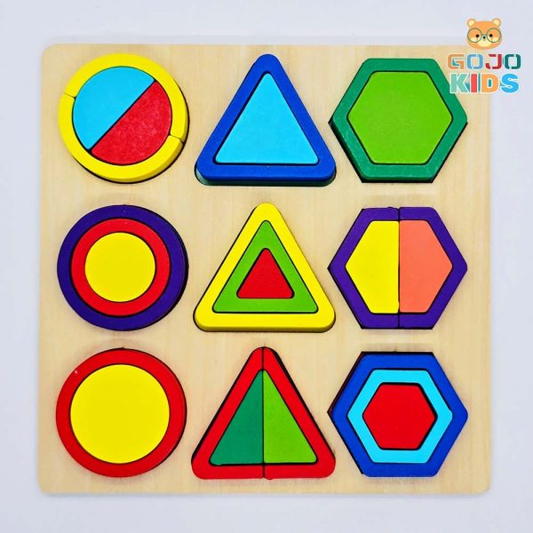 Geometric Shapes Builder Puzzle with colorful wooden blocks and a guide manual to create birds, tigers, and rockets