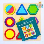 Geometric Shapes Builder Puzzle with colorful wooden blocks and a guide manual to create birds, tigers, and rockets