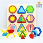 Geometric Shapes Builder Puzzle with colorful wooden blocks and a guide manual to create birds, tigers, and rockets