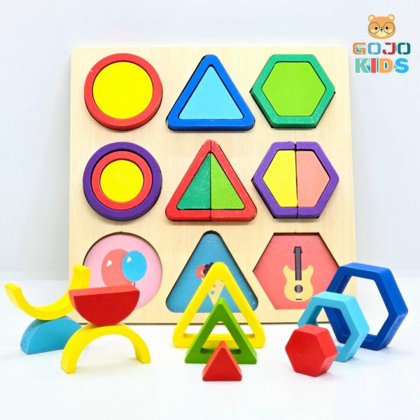 Geometric Shapes Builder Puzzle with colorful wooden blocks and a guide manual to create birds, tigers, and rockets