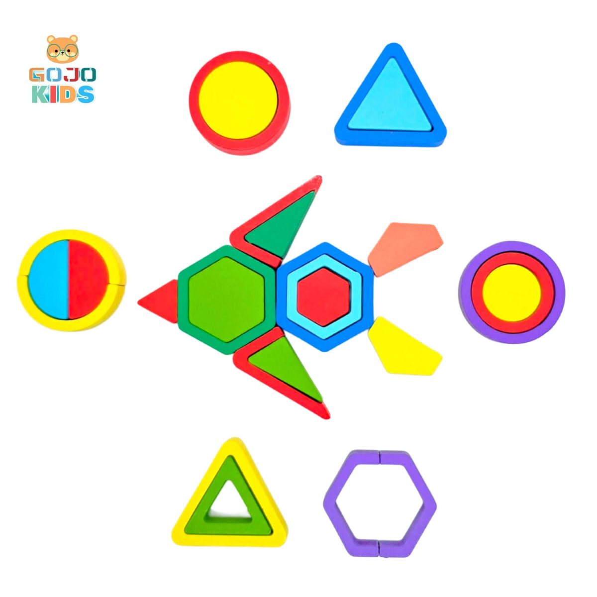 Geometric Shapes Builder Puzzle with colorful wooden blocks and a guide manual to create birds, tigers, and rockets