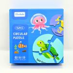 Ocean Explorer Circular Puzzle featuring 12 sea animals like dolphin, shark, and octopus in 3-piece wooden blocks