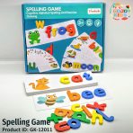 Spelling Game set with wooden alphabet blocks and colorful flashcards for kids learning English words