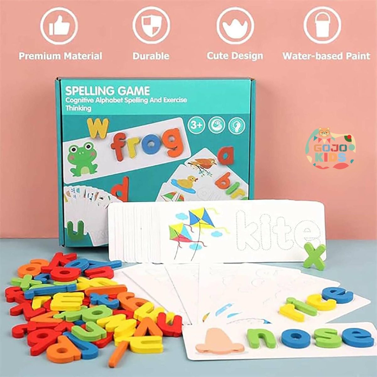 Spelling Game set with wooden alphabet blocks and colorful flashcards for kids learning English words