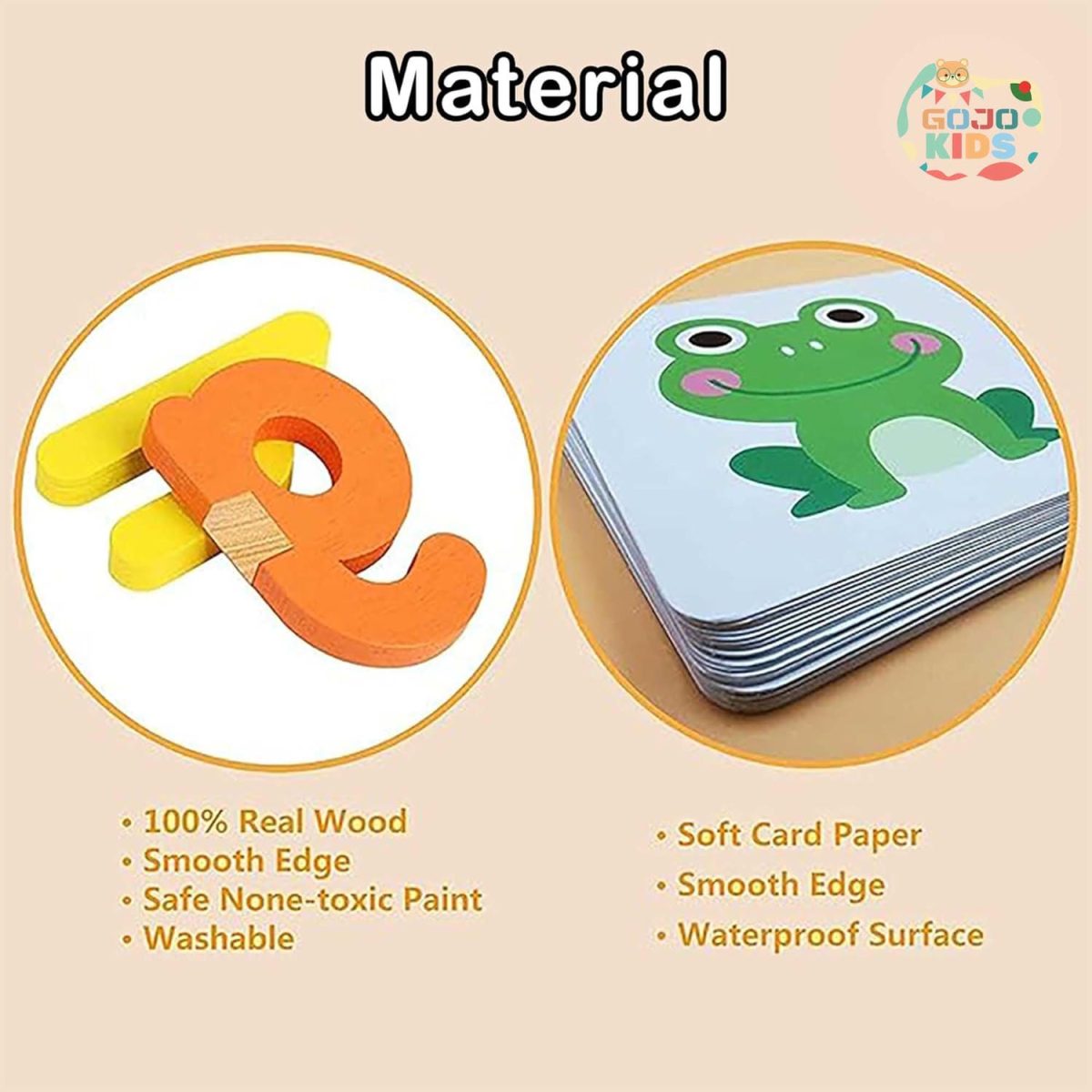 Spelling Game set with wooden alphabet blocks and colorful flashcards for kids learning English words