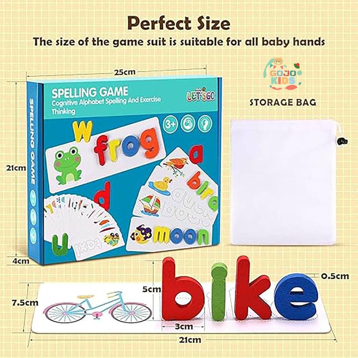 Spelling Game set with wooden alphabet blocks and colorful flashcards for kids learning English words