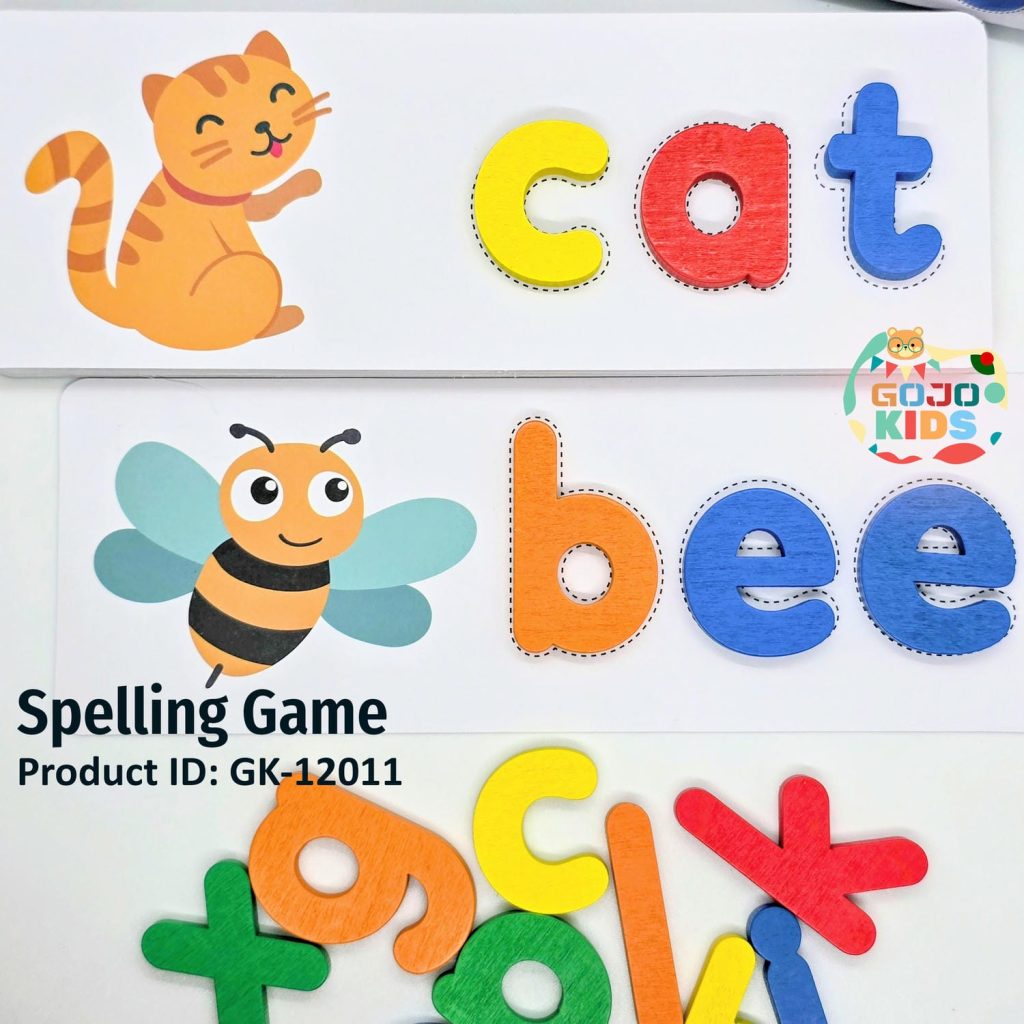 Spelling Game set with wooden alphabet blocks and colorful flashcards for kids learning English words