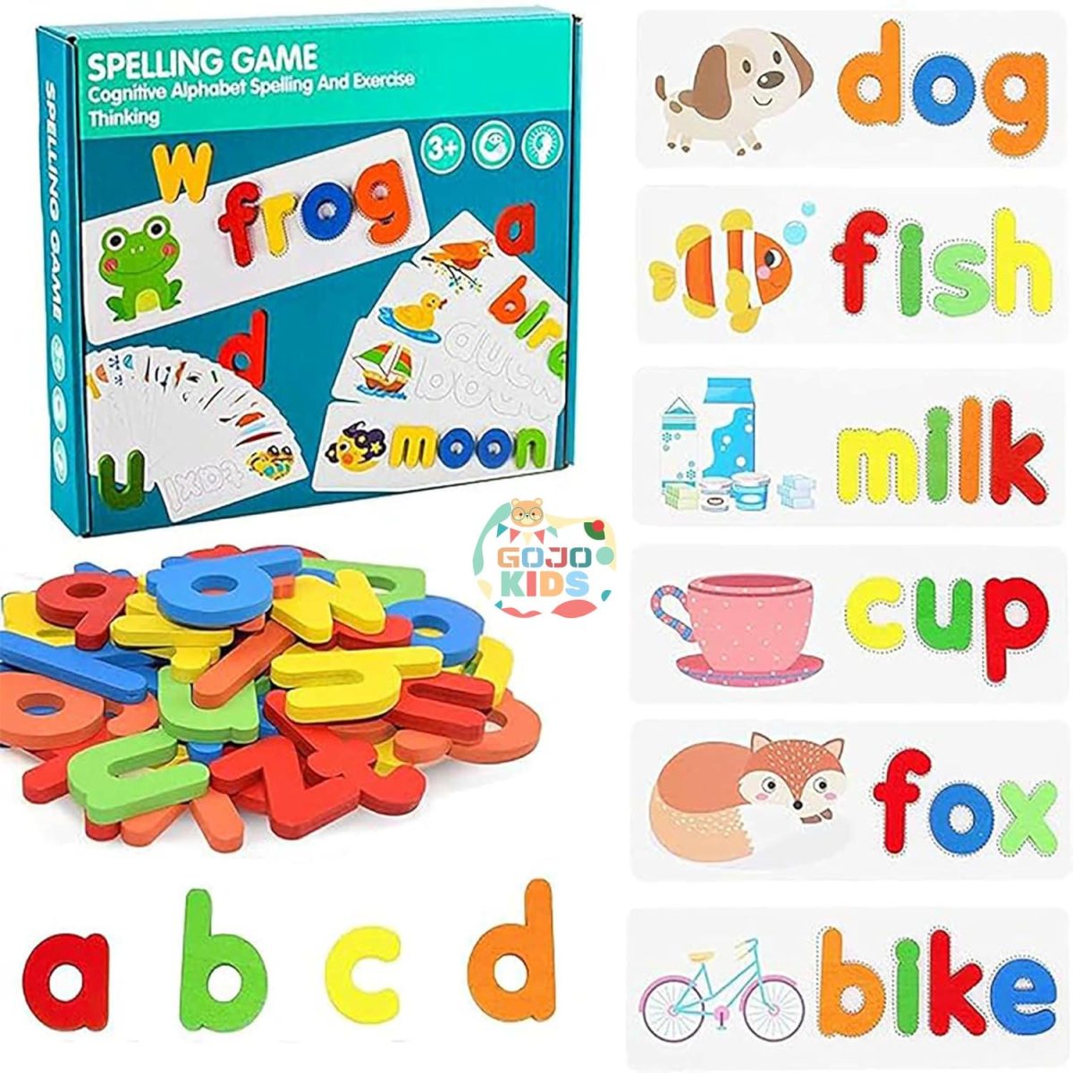 Spelling Game set with wooden alphabet blocks and colorful flashcards for kids learning English words