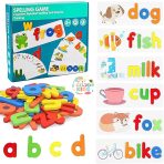 Spelling Game set with wooden alphabet blocks and colorful flashcards for kids learning English words