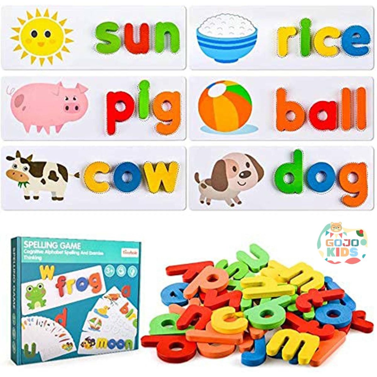 Spelling Game set with wooden alphabet blocks and colorful flashcards for kids learning English words