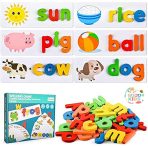 Spelling Game set with wooden alphabet blocks and colorful flashcards for kids learning English words
