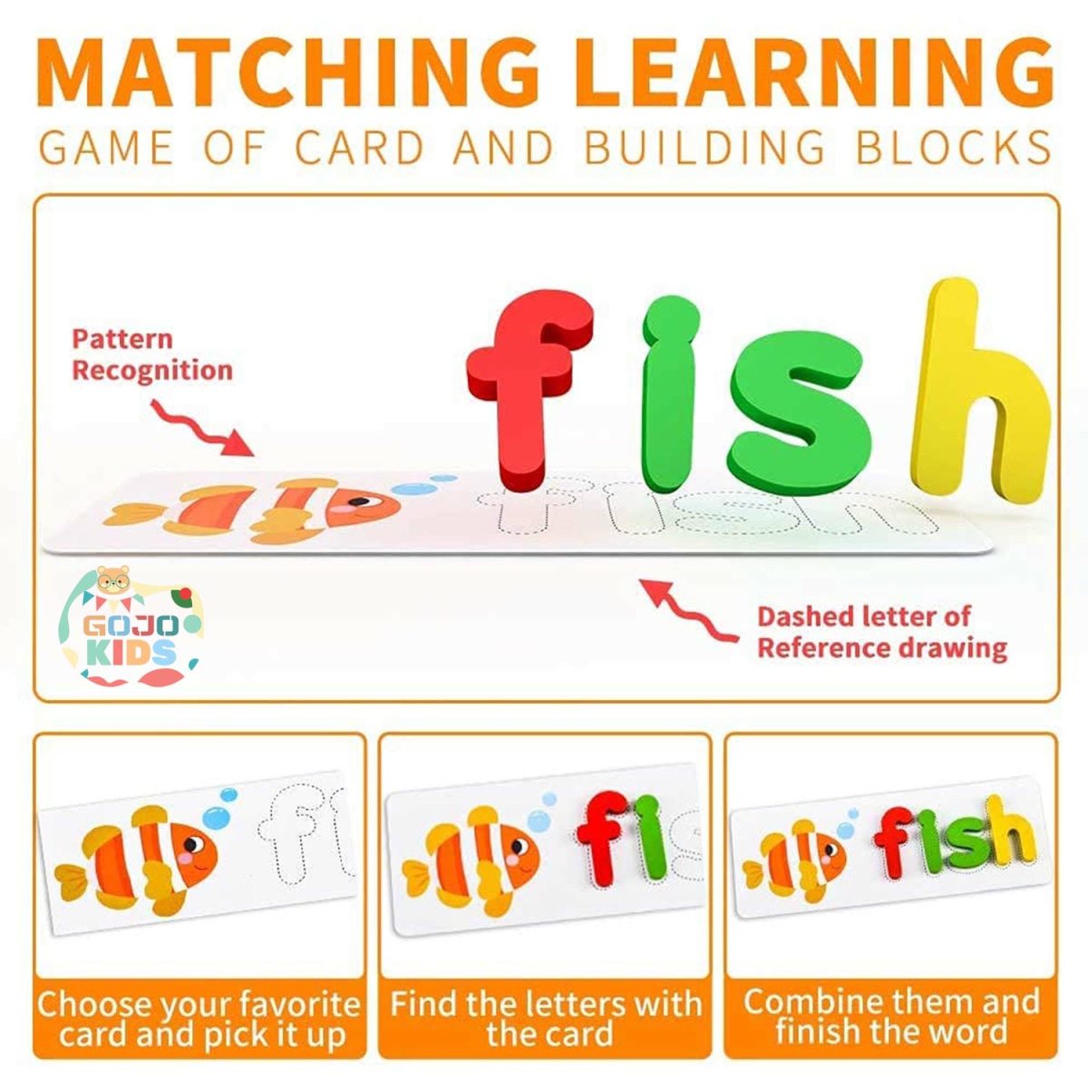 Spelling Game set with wooden alphabet blocks and colorful flashcards for kids learning English words