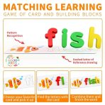 Spelling Game set with wooden alphabet blocks and colorful flashcards for kids learning English words