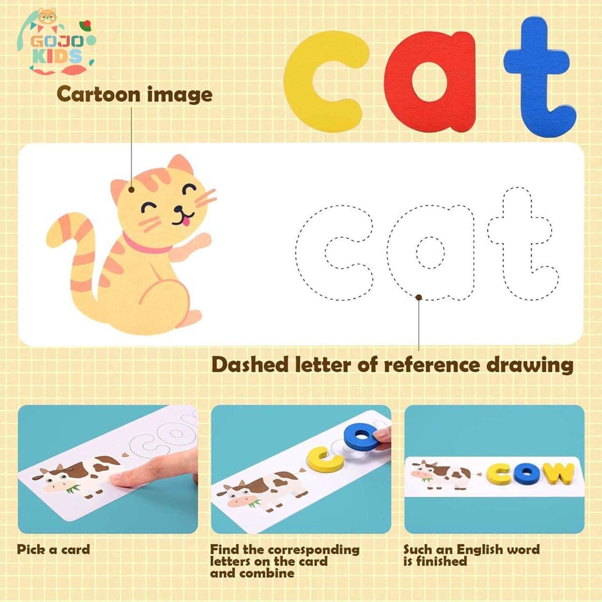 Spelling Game set with wooden alphabet blocks and colorful flashcards for kids learning English words