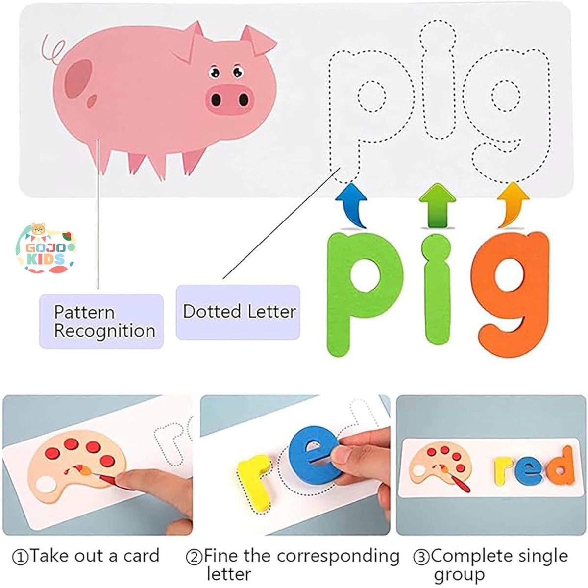 Spelling Game set with wooden alphabet blocks and colorful flashcards for kids learning English words