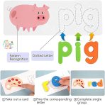 Spelling Game set with wooden alphabet blocks and colorful flashcards for kids learning English words