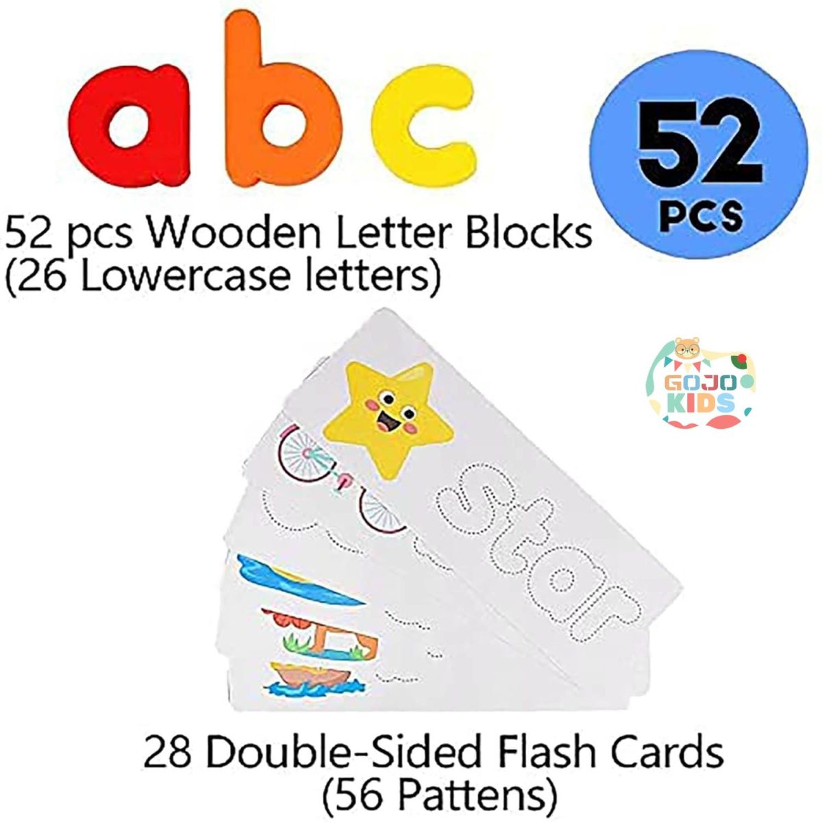 Spelling Game set with wooden alphabet blocks and colorful flashcards for kids learning English words