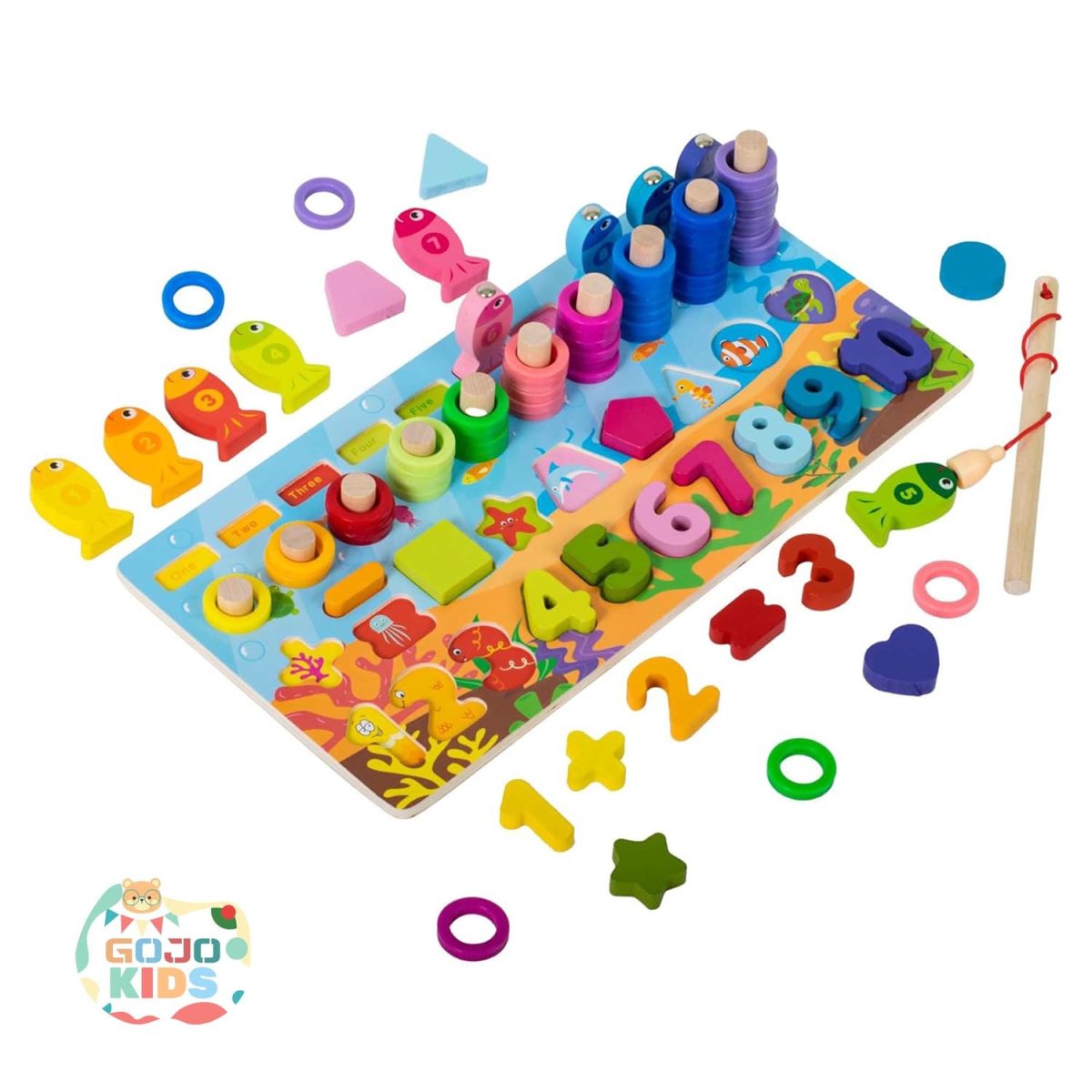 6-in-1 Multifunctional Learning Board with magnetic fishing rod, number blocks, and colorful stacking rings for kids