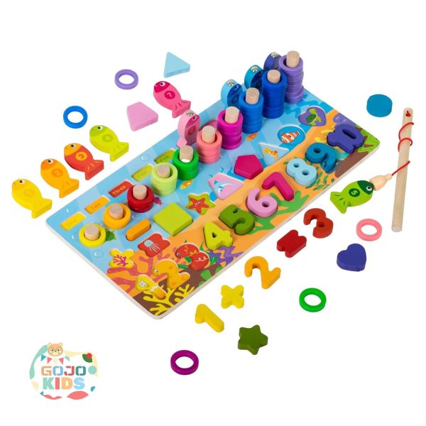 6-in-1 Multifunctional Learning Board with magnetic fishing rod, number blocks, and colorful stacking rings for kids