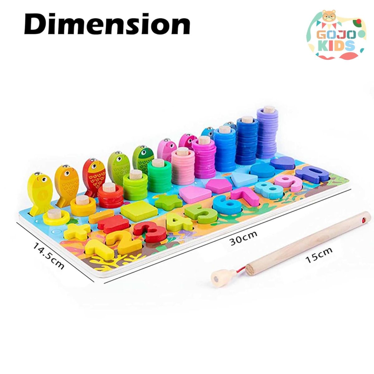 6-in-1 Multifunctional Learning Board with magnetic fishing rod, number blocks, and colorful stacking rings for kids