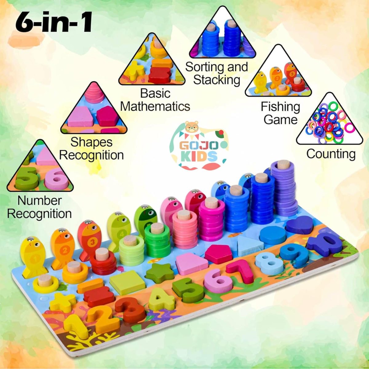 6-in-1 Multifunctional Learning Board with magnetic fishing rod, number blocks, and colorful stacking rings for kids