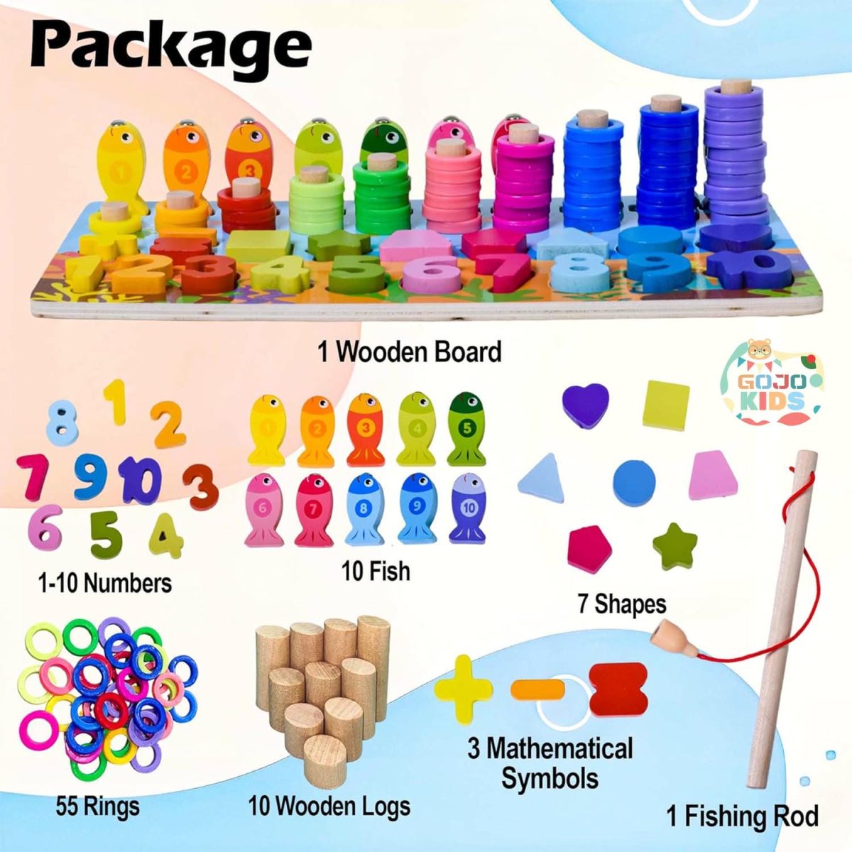 6-in-1 Multifunctional Learning Board with magnetic fishing rod, number blocks, and colorful stacking rings for kids