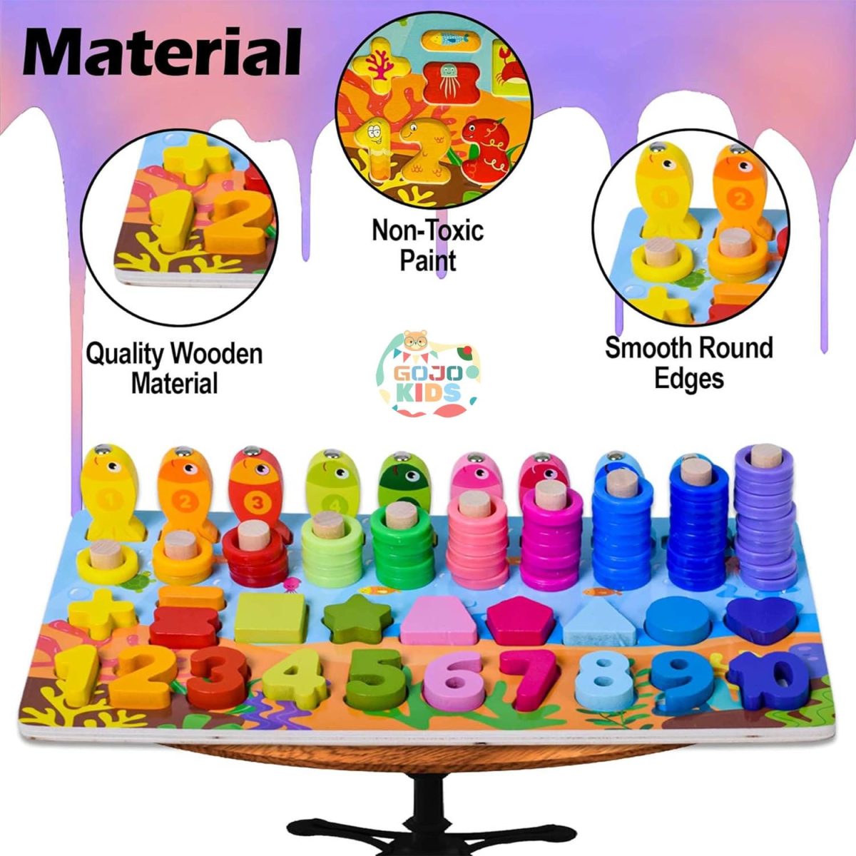 6-in-1 Multifunctional Learning Board with magnetic fishing rod, number blocks, and colorful stacking rings for kids
