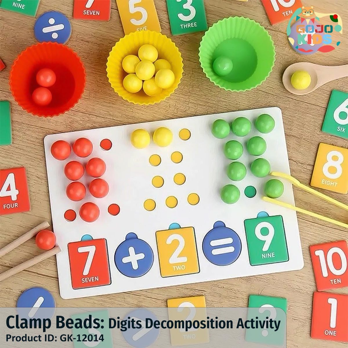 Clamp Beads Digit Decomposition Activity set with wooden spoon, chopsticks, clamp, and colorful counting beads