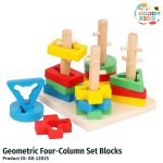 Geometric Four-Column Set Blocks with 16 colorful wooden pieces in circle, triangle, square, and rectangle shapes