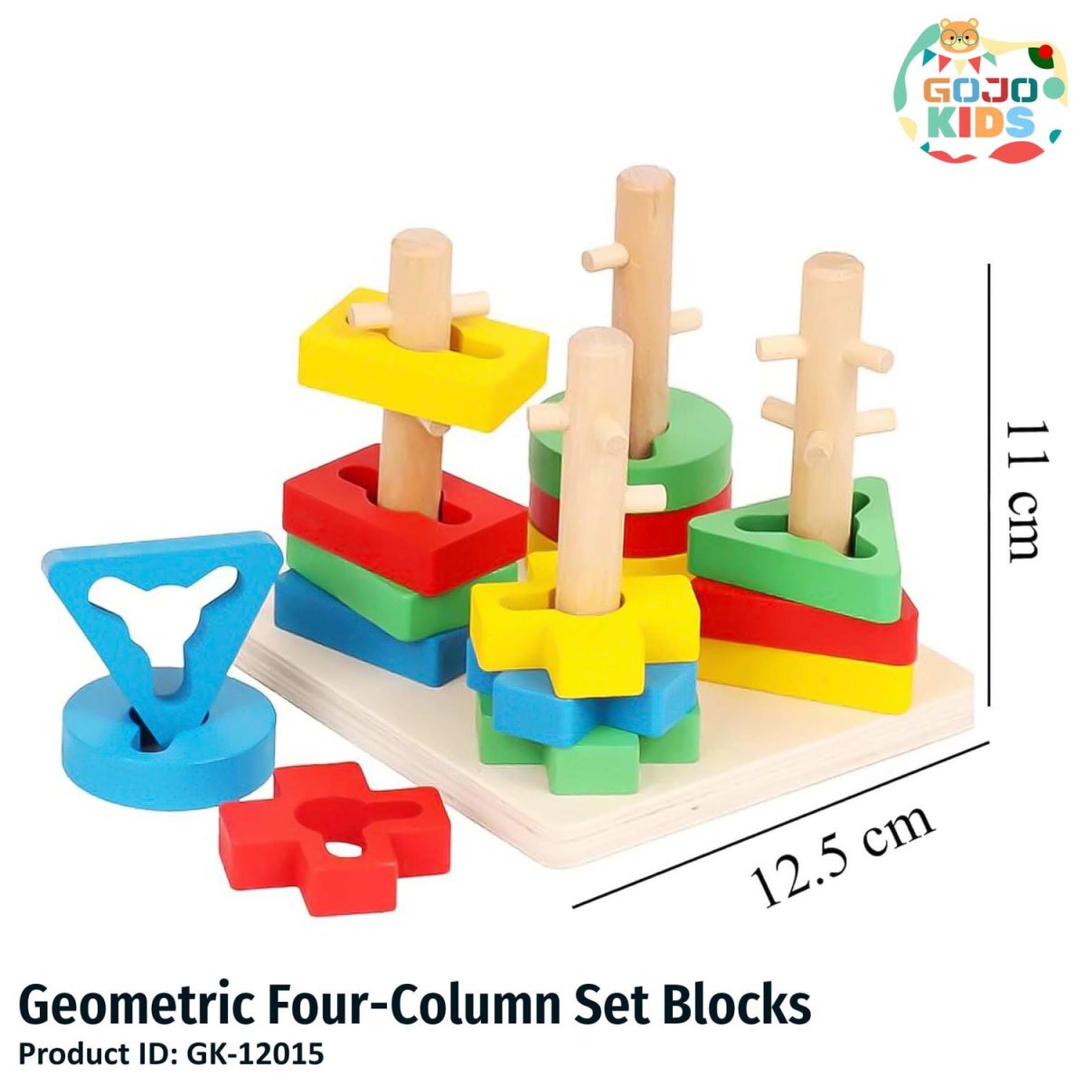 Geometric Four-Column Set Blocks with 16 colorful wooden pieces in circle, triangle, square, and rectangle shapes