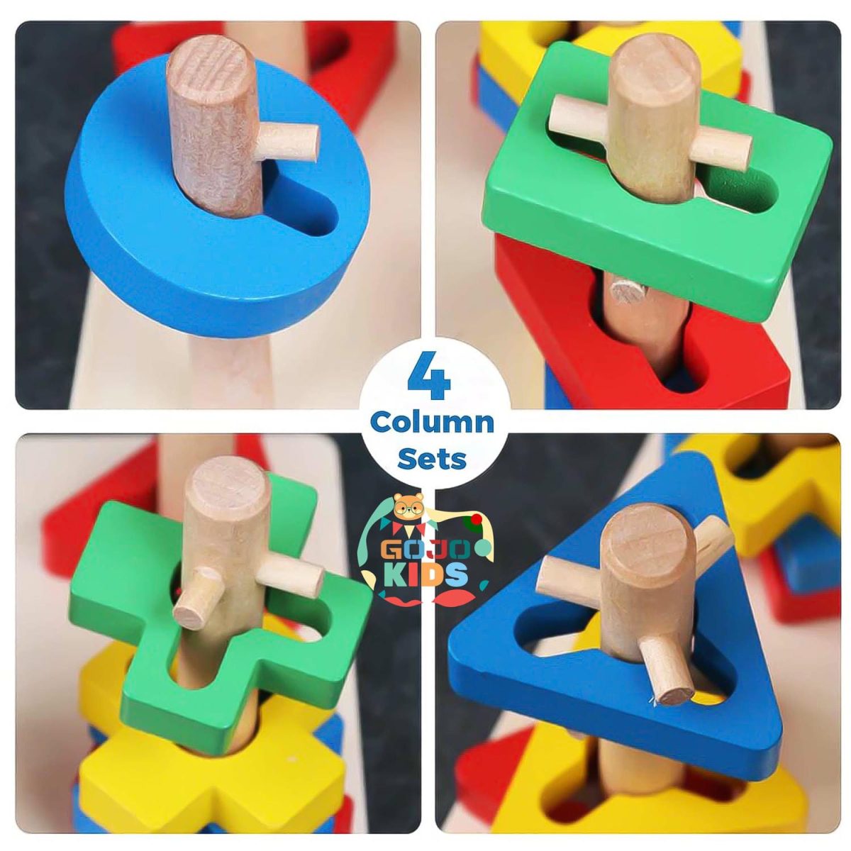 Geometric Four-Column Set Blocks with 16 colorful wooden pieces in circle, triangle, square, and rectangle shapes