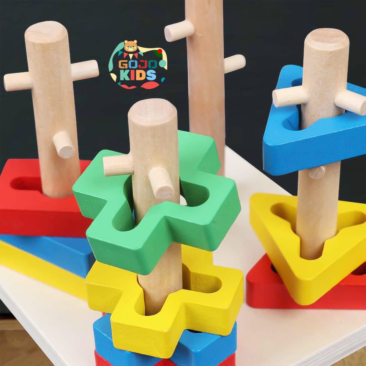 Geometric Four-Column Set Blocks with 16 colorful wooden pieces in circle, triangle, square, and rectangle shapes
