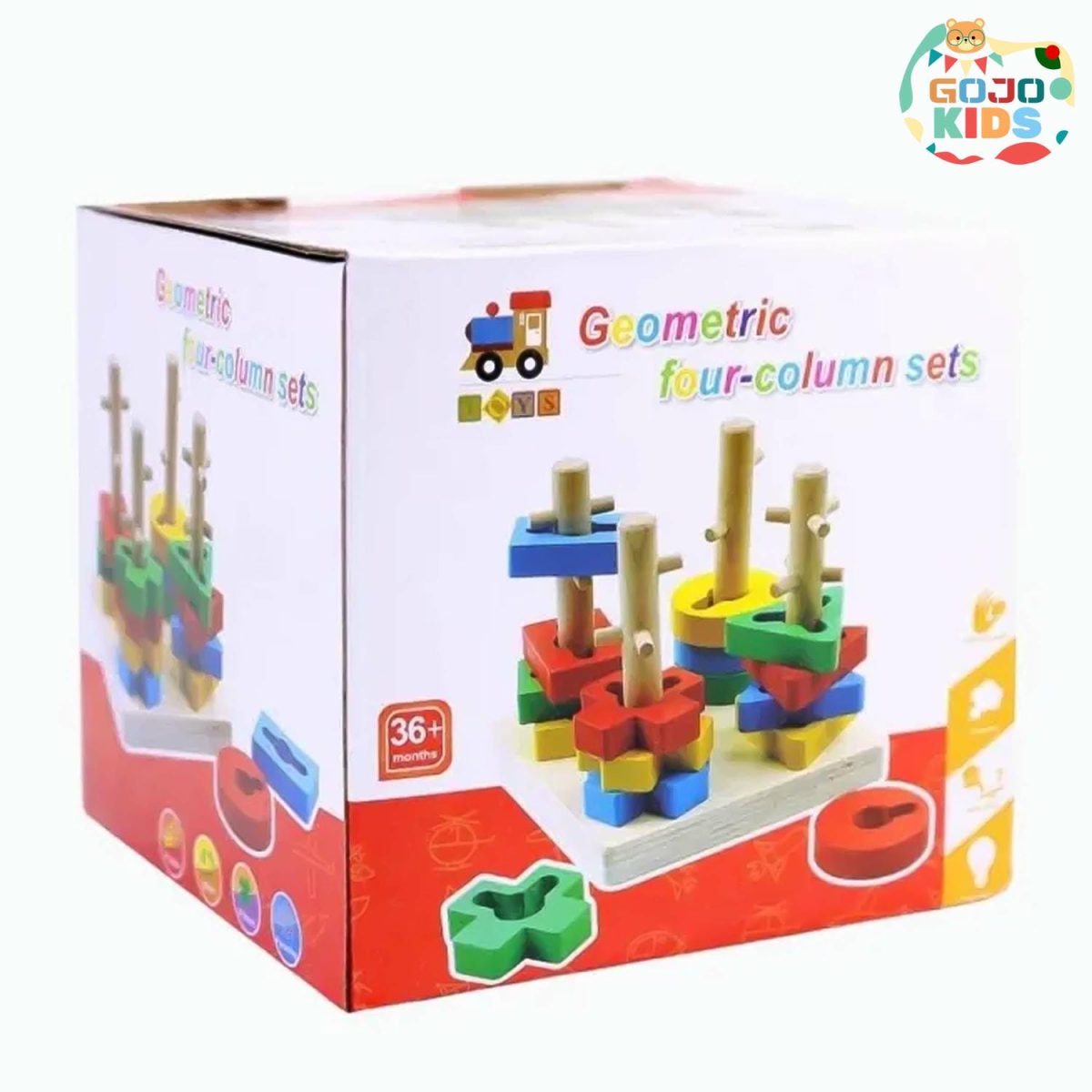 Geometric Four-Column Set Blocks with 16 colorful wooden pieces in circle, triangle, square, and rectangle shapes
