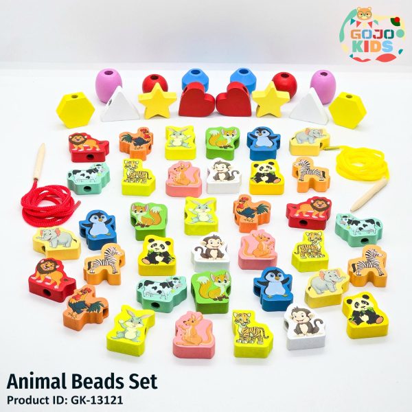 Animal Beads Set for kids lacing and threading activity with colorful wooden animal shapes