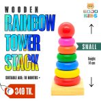 Wooden Rainbow Tower Stack with colorful rings and a wooden base for toddler skill development