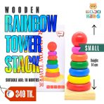Wooden Rainbow Tower Stack with colorful rings and a wooden base for toddler skill development