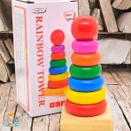 Wooden Rainbow Tower Stack with colorful rings and a wooden base for toddler skill development