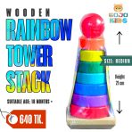 Wooden Rainbow Tower Stack with colorful rings and a wooden base for toddler skill development