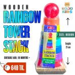 Wooden Rainbow Tower Stack with colorful rings and a wooden base for toddler skill development
