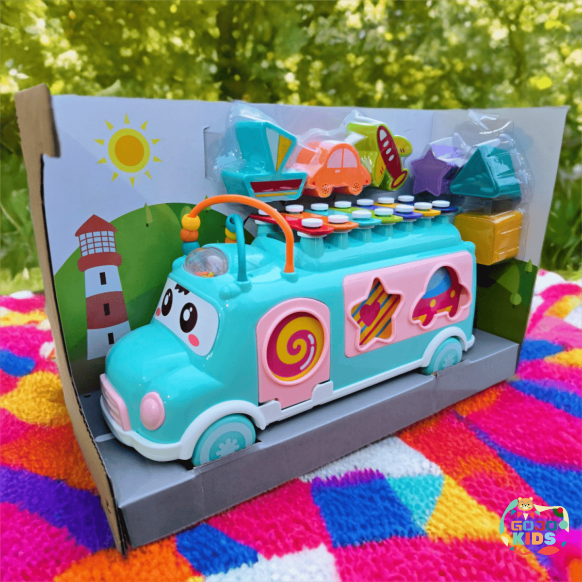 Xylophone Music Bus with colorful keys, shape sorting windows, and geometric blocks for early learning